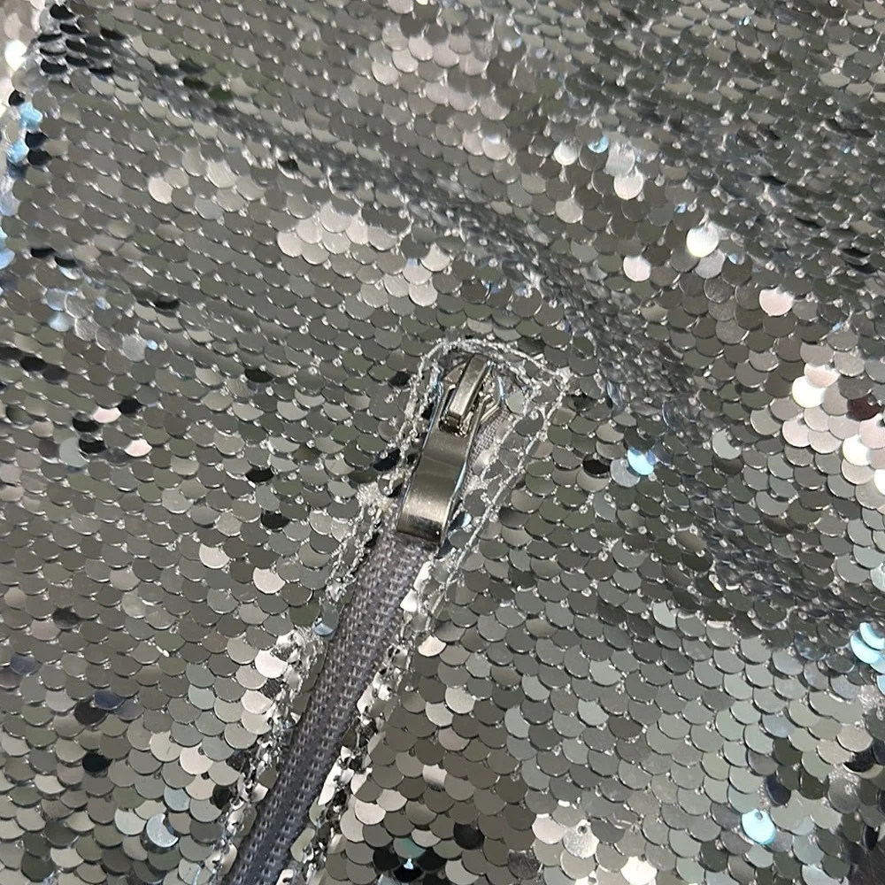 KHPAERMEI Sparkly Thigh High Open Toe Chunky High Heel Boots - Silver Sequin